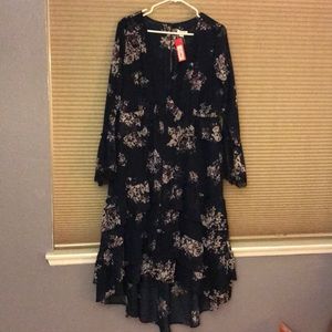 Dark Blue Floral Flowy V-Neck Dress